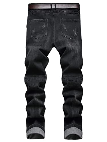 Men's Biker Slim Fit Ripped Jeans with Zipper, Straight Leg Distressed Destroyed Stretch Denim Pants2