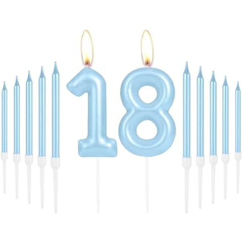 iNINGER Baby Blue 18th Birthday Number Candles,Blue Long Stick Candles for Baby,Number 18 Candle Cake Cupcake Toppers for Girl Boy,Blue Candles for Cake,Birthday Party Wedding Anniversary Decorations Cover