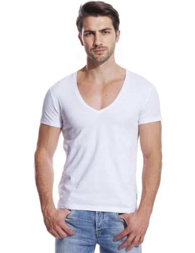 Vogaera Mens Deep V Neck T Shirts Vneck Tshirt Low Cut Undershirts Slim Fit Short Sleeve Tees Casual White M