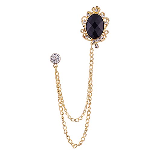 Image of Vintage Gemstone Chain Brooch Pin,Rhinestone Long Chain Tassel Suit Pin Zircon Oval Gem Lapel Pin Jewelry for Women Men