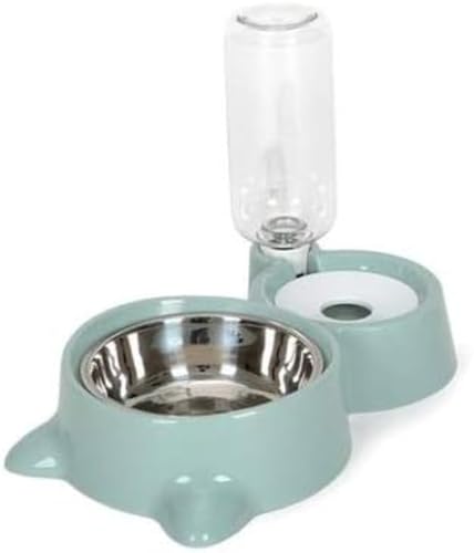 ステンレスペット食器セット 自動給水器付き(フードボウル + ウォーターボトル|犬・猫兼用 小型・中型犬/全サイズ猫対応) (グリーン)