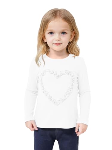 Haloumoning Toddler Girls Ruffle Heart T-Shirts Baby Kids Cute Long Sleeve Top Tees 3-10 Years White