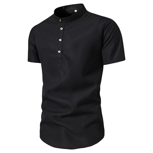 Men Solid Stand Collar Casual Shirt Short Sleeve Business Work Shirts Summer Casual Streetwear Pullover Tops