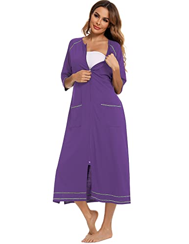 Image of Veseacky Women Robe Zipper Front House Coat 3 /4 Sleeve Nightgown Full Length Ladies Lounge Dress with Pockets S-XXL