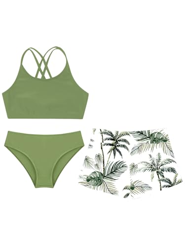 Kids Girls 3 Pieces Solid Color Tankini with Printed Shorts Set Summer Swimsuit Beach Bathing Suit3