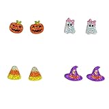 Pingyongchang 4 Pairs Halloween Stud Earrings Set for Women Cute Cartoon Pumpkin Ghost Witch Hat Corn Candy Glitter Acrylic Earring Funny Halloween Outfits Accessories Costume Party Jewelry