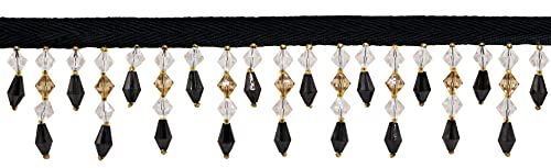 1 3/4" Handcrafted Diamond Beaded Fringe Trim (B40692-Ac) / Oak Pure Black Multicolor #R01E20 (Pure Black, Light Brown, Tan Beige) / 3 Yards (2.5M/19 Ft) #TOP25