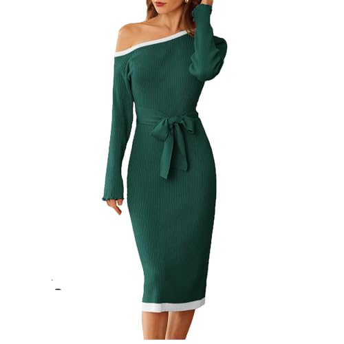 Image of GRACE KARIN Women's 2024 Fall Sweater Dress One Shoulder Long Sleeve Ribbed Knit Tie Waist Casual Bodycon Midi Dresses