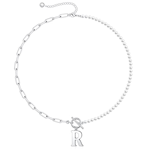 Dainty Initial Pearl Necklace for Women, 14K White Gold Plated Paperclip Link Chain Necklace Toggle Clasp Necklace Initial Necklaces for Women Letter R
