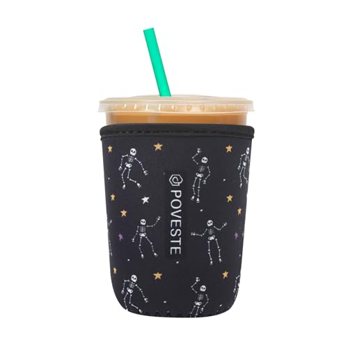 Image of Reusable Neoprene Insulator Sleeve for Iced Coffee & Cold Soda, Coffee Sleeves for Iced & Hot Drinks, Cold Beverage Cooler Compatible with Starbucks, Dunkin (Dance Skull, Small: 16-18oz)