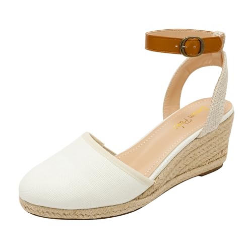 DREAM PAIRS Women's Ankle Strap Closed Toe Espadrille Wedge Heels Sandals 10 White