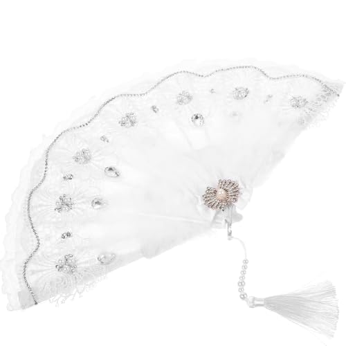 Milisten Lace Decorative Folding Fan with Rhinestone Pearls Wedding Hand Fan for Brides for Dance and Fashion Events