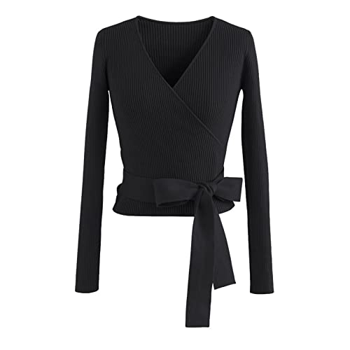 Image of CHICWISH Women's Black /Lilac V-Neck Tie-Waist Bowknot Wrap Knit Top