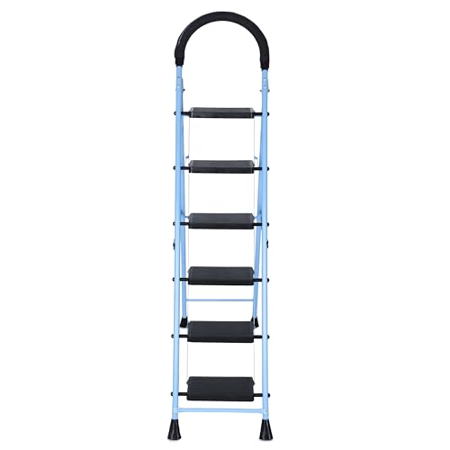 Image of FLIPZON Premium Foldable 6-Step Foldable Ladder - Anti-Slip, Heavy-Duty Design for Indoor & Outdoor Use (Iron Ladder, Black & Sky Blue)