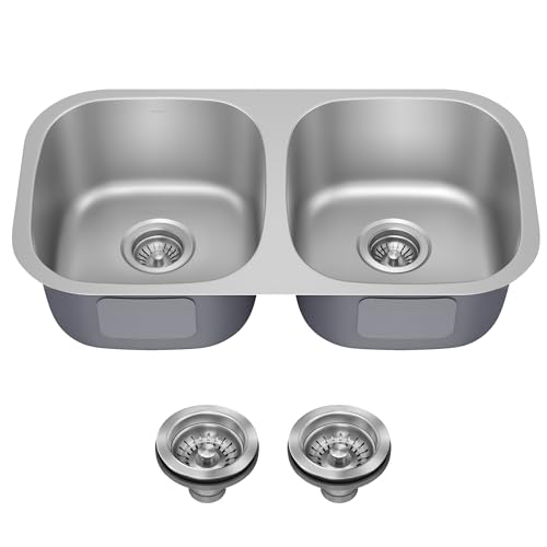 KRAUS Premier 32-inch Undermount 50/50 Double Bowl 18-Gauge Stainless Steel Kitchen Sink with Strainers (x2), KBU22