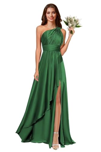 Rjer Satin One Shoulder Bridesmaid Dresses A Line Pleated Long Formal Party Dresses with Slit