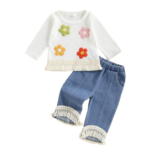 M9ppzzur7 Toddler Baby Girl Clothes Set Round Neck Long Sleeve Floral Embroidery Fringed Cotton Top Elastic Waist Jeans Girls Fall Winter Outfit Sets (White, 2-3T)