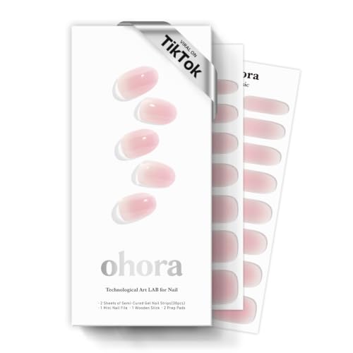 ohora Semi Cured Gel Nail Strips (N Clean Girl) - Pink, Jelly, Works with Any UV/LED Lamps, Salon-Quality, Long Lasting, Easy to Apply &amp; Remove - Includes 2 Prep Pads, Nail File &amp; Wooden Stick