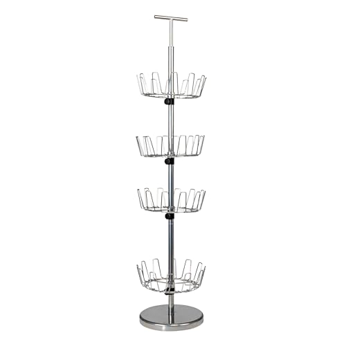 Household Essentials 4-Tier Revolving Shoe Tree, Heavy-Duty Steel with Stabilized Base, Holds 24 Pairs of Shoes, Great for Most Styles, Chromelike Finish
