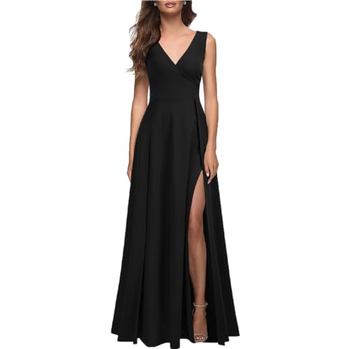 AOWVUTS Abendkleider Elegant für Hochzeit Festlich Brautjungfernkleider Formeller Abschlussball V-Ausschnitt Sexy Maxikleid mit Schlitz Ärmellos...