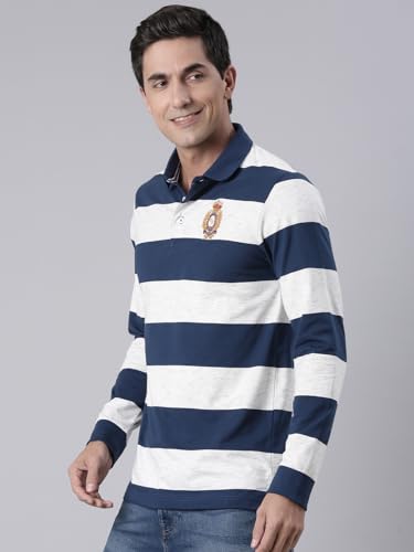 Image of Classic Polo Men's Full Sleeve Navy /Off-White Polo Neck Slim Fit Colorblock Cotton T-Shirt