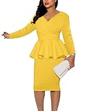 SEBOWEL Women Long Sleeve Bodycon Midi Dresses Vintage Ruffle Peplum Pencil Office Work Dress Formal