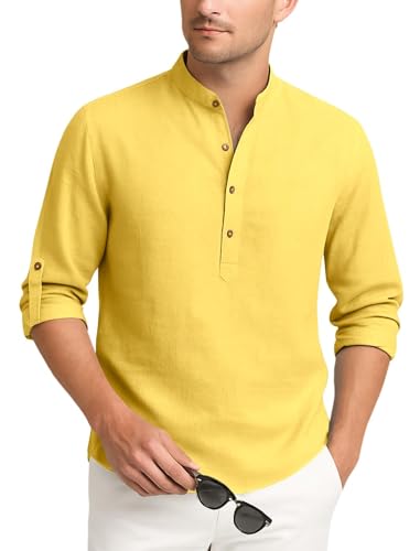 Image of Zombom Men's Cotton Blend Kurta Shirt with Full Sleeves Mandarin Collar Neck Solid Pattern for Men Regular Fit Ethnic Wear Casual Festive Top Modern Style | Cotton Shirt for Mens