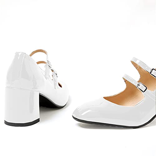 Women's Stylish Closed Round Toe Patent Leather Double Monk-Strap Vintage Low Chunky Heel Dress Mary Jane Pumps Shoes White Size 8.54