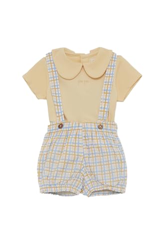 Street Monkey Conjunto camiseta cuello bebé con ranita de tirantes estampado cuadros y botones de madera | Color: Amarillo claro | Talla: 12 meses