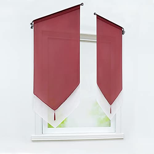 Joyswahl 1 Pièce Rideau Brise Bise Passe Tringle sans Percage avec Frange à Pompon Transparent Tamisant Lumière Elegant Rideaux de Cuisine Rouge LxH 60x120cm Cover