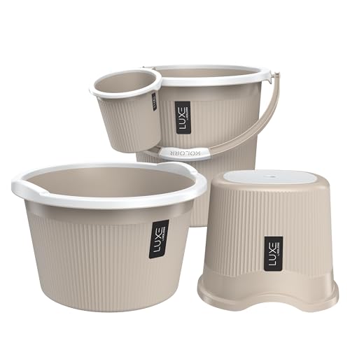 Image of KOLORR Luxe Bathroom Set (Bucket 20L x 1) + (Mug 1.5L x 1) + (Luxe Patla x 1) + (20L Tub x 1)|Sturdy and Durable |Lightweight| Easy to Clean and Attractive Design|Pack of 4| Sand Stone