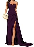 HPPEE Satin Plum Bridesmaid Dresses for Women with Slit Plus Size One Shoulder Prom Dress Long Ball Gown UK32