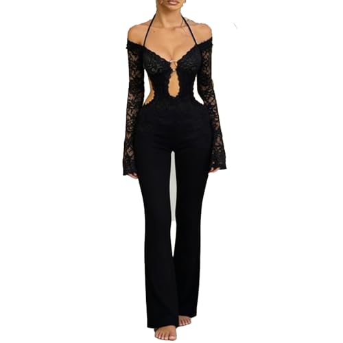 Molilove Women's Lace Jumpsuits Long Sleeve Halter Hollow Out Backless