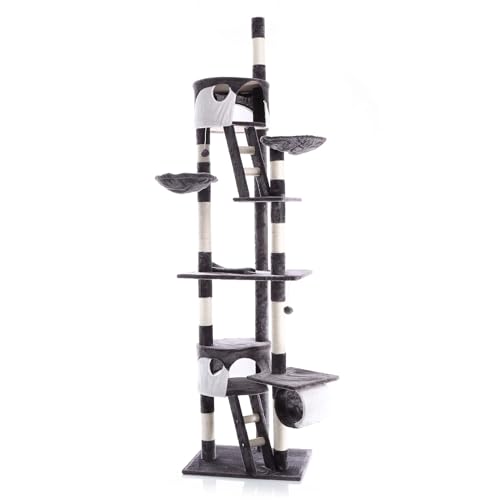 WilTec - Wiltec Arbre à Chat XXL - 240-260 cm de Hauteur Plafond réglable - Design avec Échelles - Meuble grattage félin Peluche - Couleur Gris-Blanc - Griffoir Grattoir avec Maisonnettes, sisal et niches