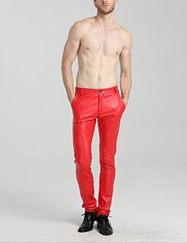 Faleave Men's Faux Leather Pants Skinny Stretch Black Red Slim Fit Suit Pants3