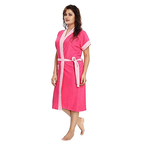 Image of Two Tone Cotton Half Sleeves Bathrobe for Women - Free Size fit Upto 42 inches-Dark Pink Baby Pink