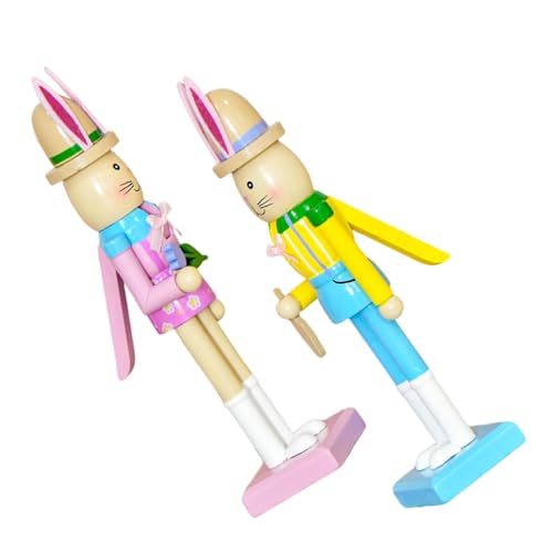 FUTUREORYY Cascanueces de Madera Tradicional en Forma de Conejo de Pascua, 2 Piezas Figura Decorativa para Mesa, Centro de Mesa Primaveral para Fiestas y Decoración del Hogar