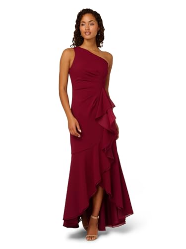 Adrianna Papell Women's Crepe One Shoulder Ruffle Gown, Crimson Haze, 16