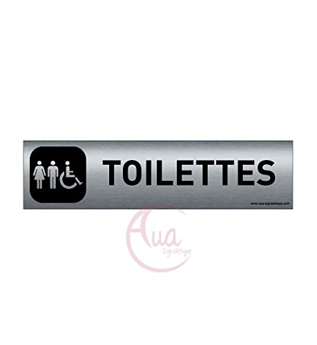 AUA SIGNALETIQUE - Plaque Aluminium brossé imprimé AluSign DARK - 200x50 mm - Double Face adhésif au dos (Toilettes mixtes)