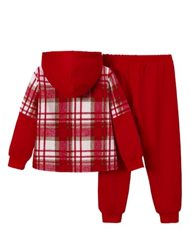 Image of 2Pcs Kids Boys Flannel Plaid Shirt Tops Pants Set Hoodie Sweatsuit for Fall Winter Spring Outfits 4-12 Years
