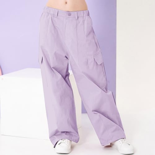 Image of Rolanko Girls Cargo Pants Wide Leg Streetwear Kids Pants with Pockets Trendy Jogger Trousers 4-14 Years