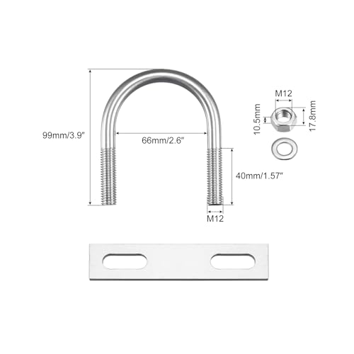 Image of uxcell Round U-Bolts, 2 Sets 66mm(2.6 inch) Inner Width 99mm Length M12 304 Stainless Steel U Clamp Bolt with Nuts Washers and Plates, for Boat Trailer