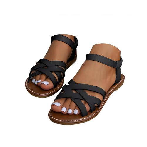 Womens Flat Sandals Summer Fashion Ankle Strap Bohemian Beach Sandals Roman Casual Open Toe Strappy Flat Slippers
