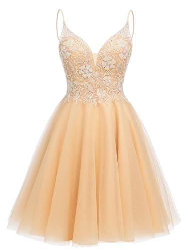 Image of Sparkly Tulle Homecoming Dresses Short Lace Prom Dresses for Teens V Neck Beaded Cocktail Dresses