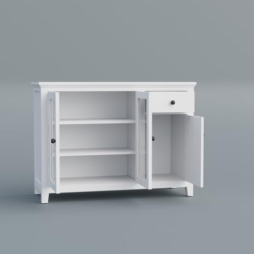 AMAZART FURNITURE Solid Wood Sideboard Cabinet for Living Room | Wooden Crockery Cabinet with 2 Acrylic Glass Doors, 1 Door & 1 Drawer | Kitchen Display Unit | White Finish