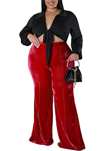 Aro Lora Womens Plus Size Velvet High Waist Bell Bottom Wide Leg Palazzo Flare Pant Trouser