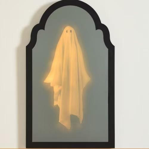 Halloween Decorations Indoor Holographic Ghost Mirror - 3D Holographic Wall Decor, Creative Gift for Halloween Party, Spooky Nightlight Decor, Must-Have Holiday (Warm Light, 13.8