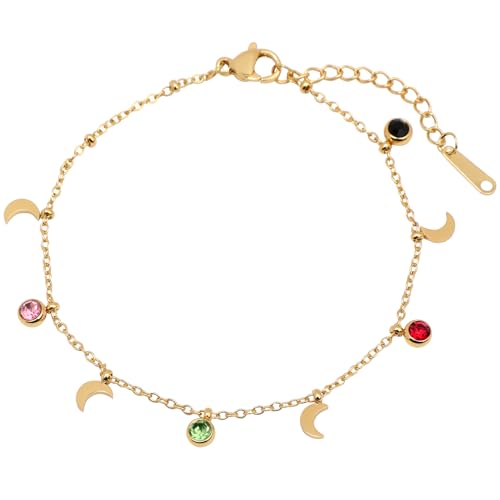 Image of 18K Gold Plated Stainless Steel Dainty Charms Colorful Crystal Birthstone Bracelet Minimalist Cute Jewelry for Women