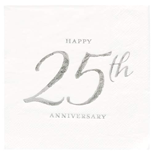 C.R. Gibson X&O Paper Goods White and Silver 'Happy 25th Anniversary' Beverage and Cocktail Napkins, 5.5'' W x 5.5'' L, 20pc