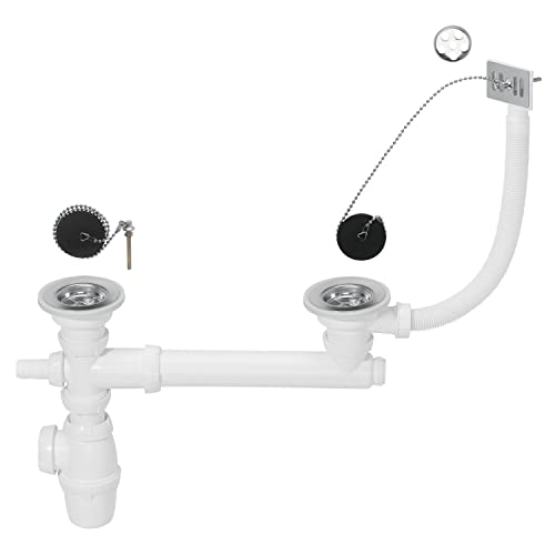 Wirquin 30724005 Ensemble complet vidage d'évier 2 bacs D60 avec siphon évier, bonde à bouchon, trop-plein et tube de raccordement, chromé
